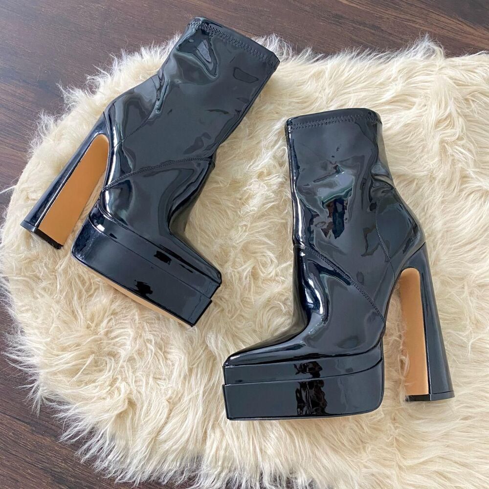 Fashion Nova Black Patent Pointy Thick Platform Mid Calf High Heel Boots US 7.5
